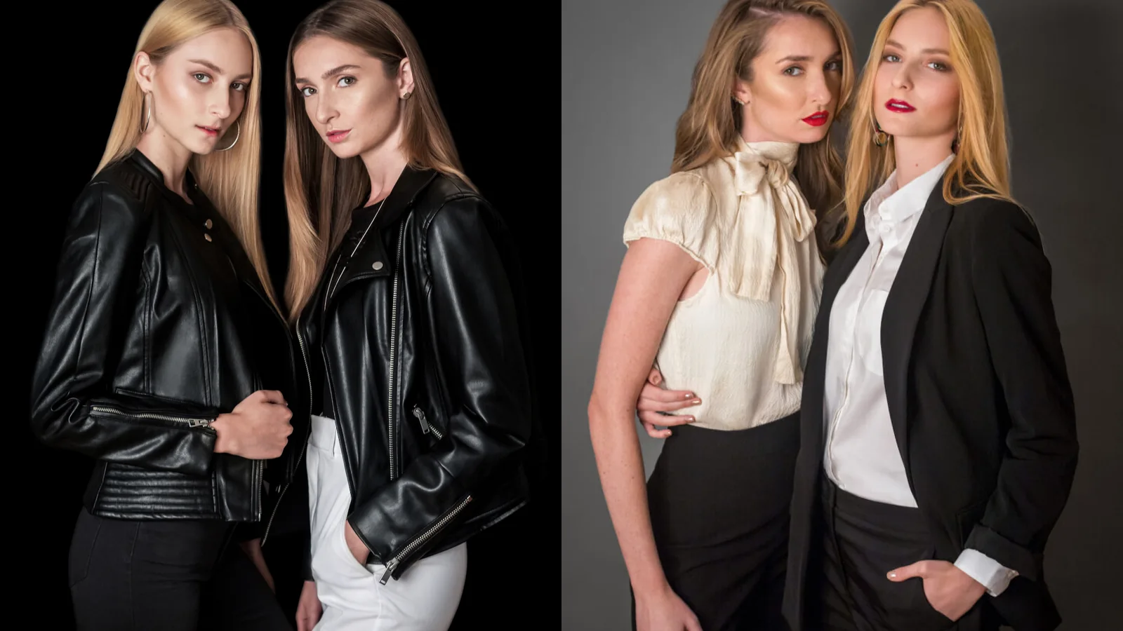 Two pairs of fashion models in a horizontal editorial composition