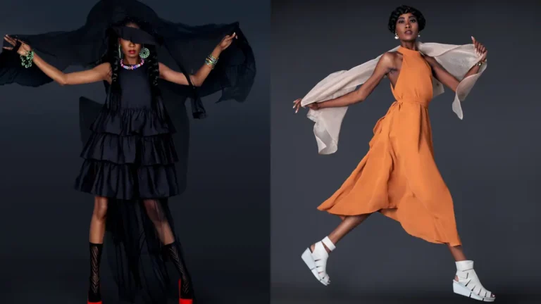 Two grunge boho fashion looks featuring flowing black and orange dresses with statement shoes