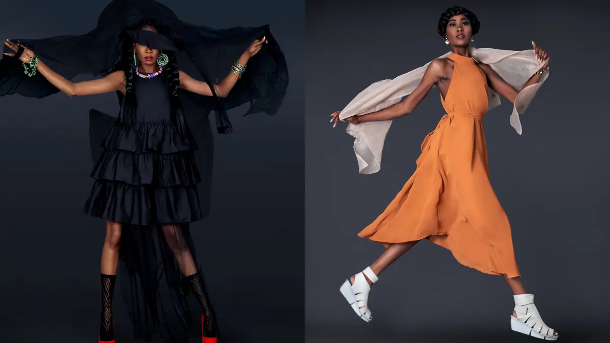 Two grunge boho fashion looks featuring flowing black and orange dresses with statement shoes