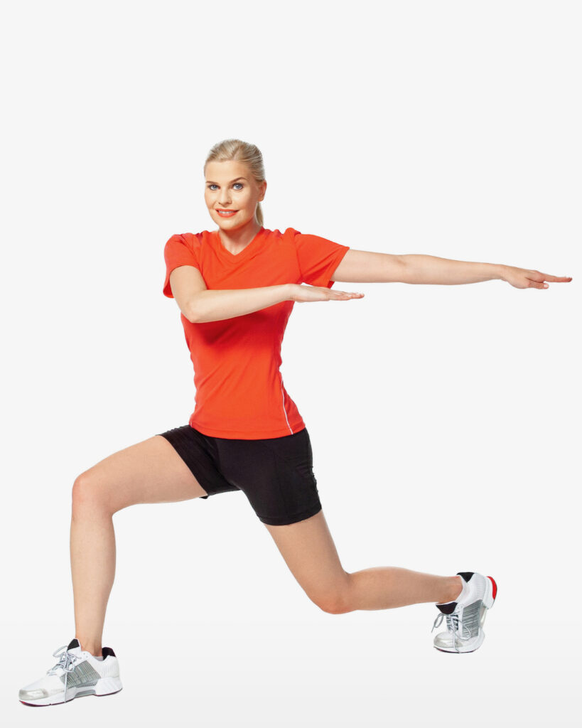 Lunge and twist dynamic stretching warm up exercise.
