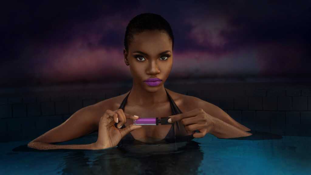 Artistic beauty photography portrait of a young Black female holding a purple lipstick while posing in a swimming pool.