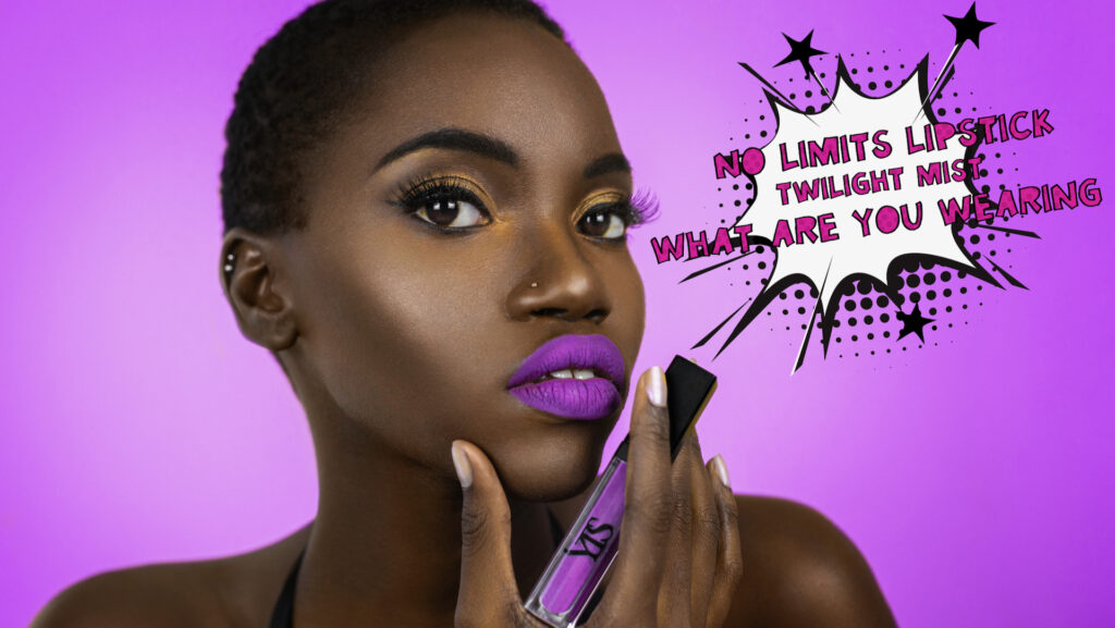 Close up artistic beauty photography portrait of a young Black female with short hair holding a purple lipstick in front of a purple background.