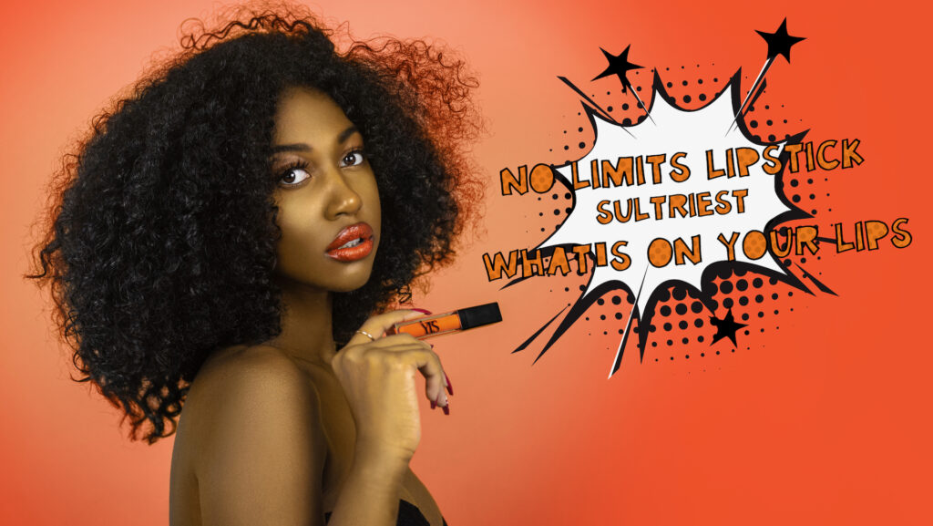 Artistic beauty photography portrait of a young Black female with curly hair holding an orange lipstick in front of an orange background.