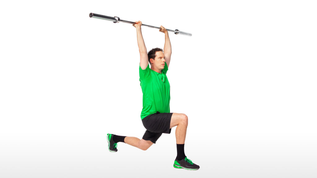 Athletic strength training lunge and press movement