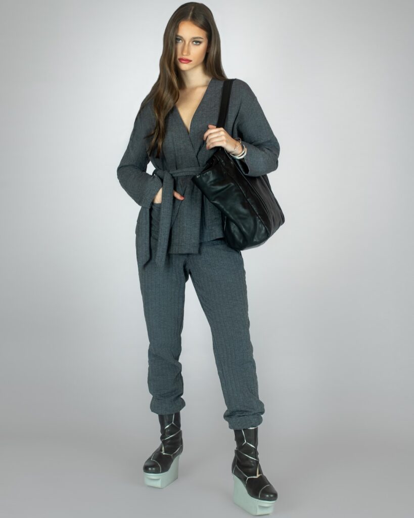 Winter Style Guide editorial look featuring a gray Triumph suit with black Trippen shoes and Diamant jewelry