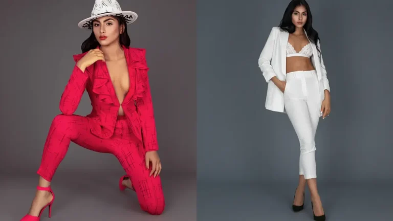Two studio portraits showing red and white tailored looks from a confidence fashion editorial