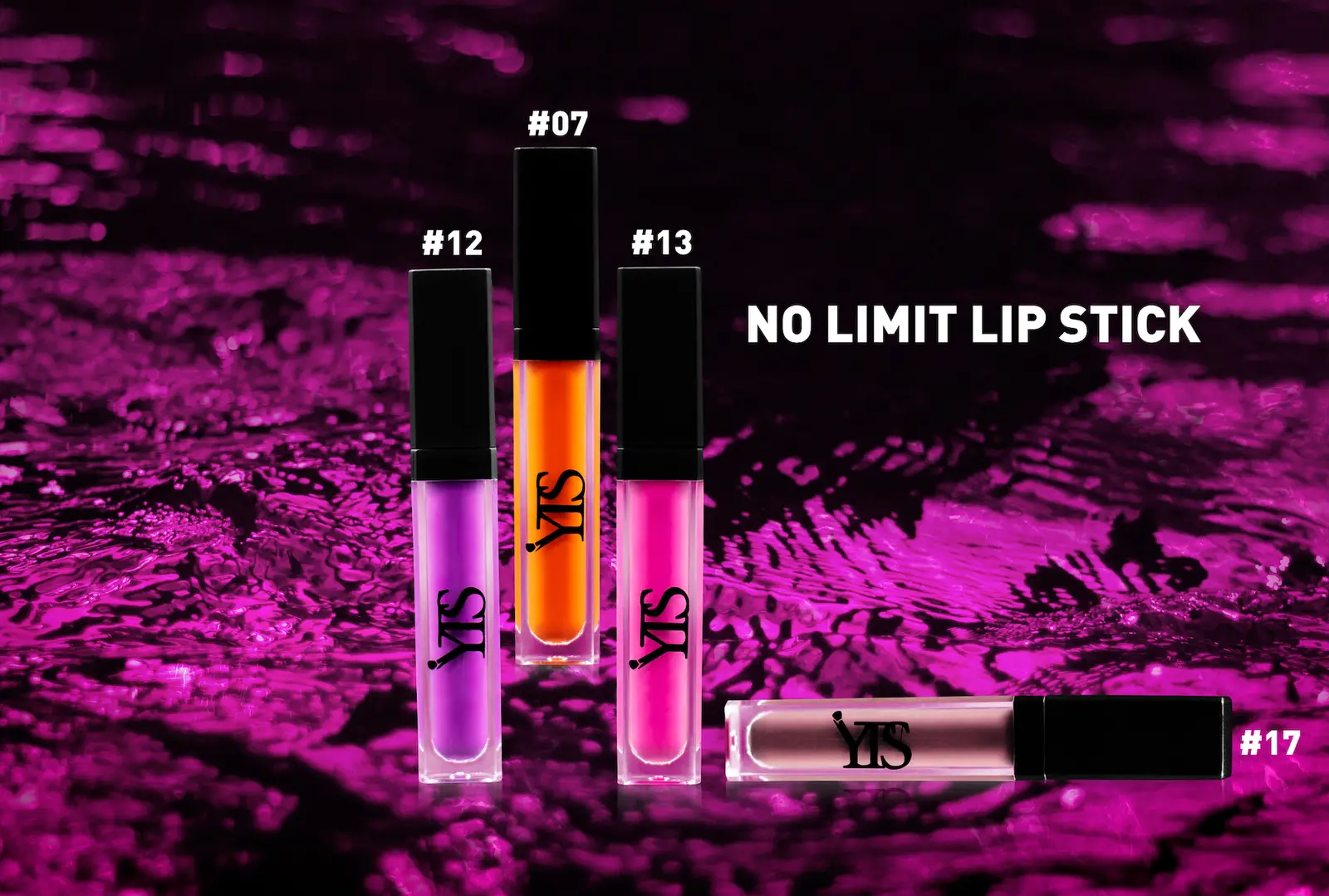 Three lipsticks arranged on rippling magenta water for a beauty campaign