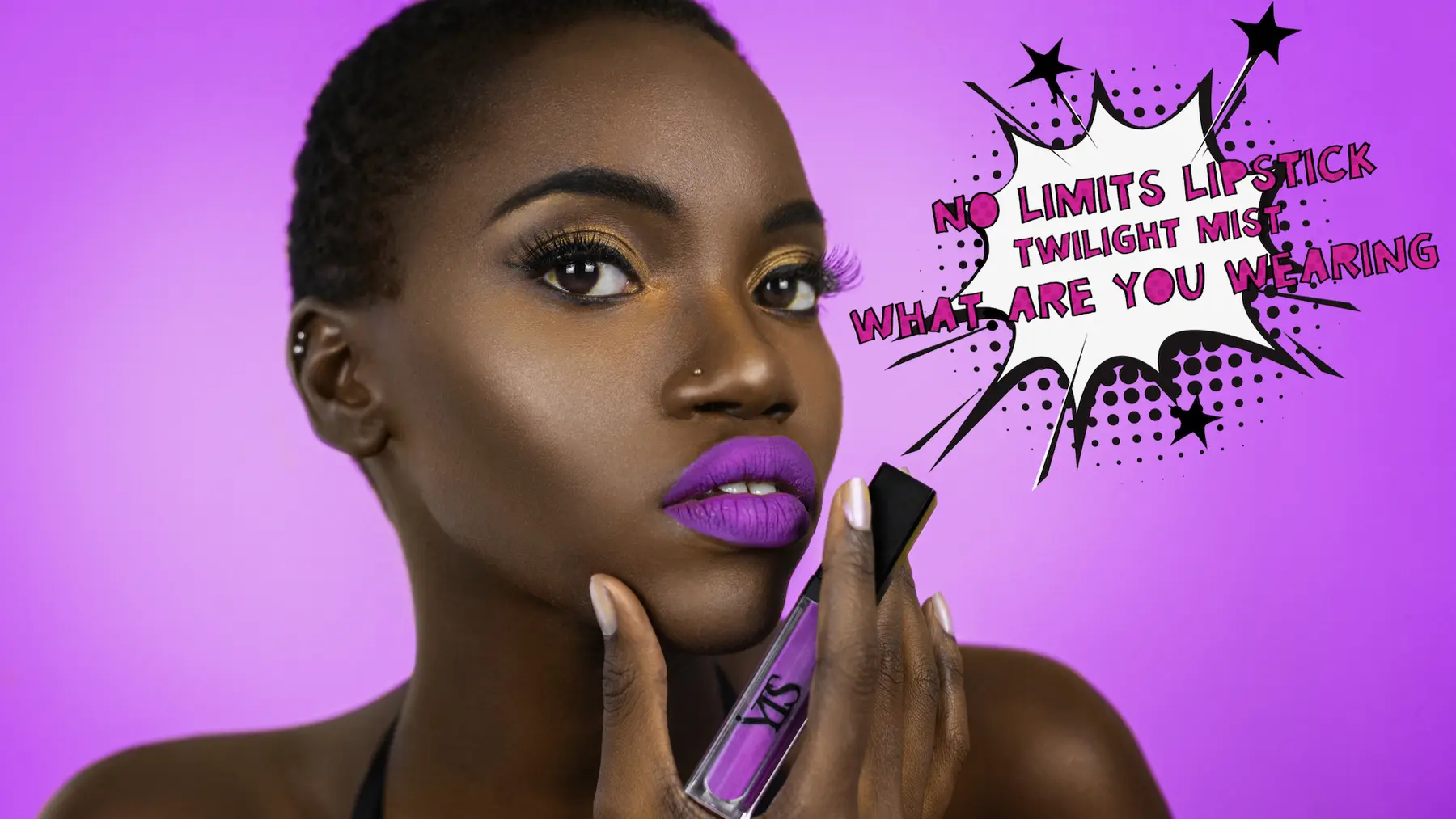 Black woman with short natural hair holding purple lipstick against a purple background.