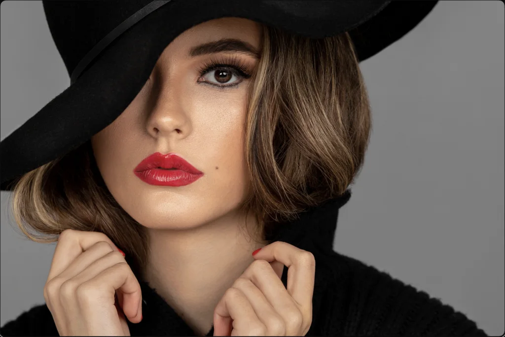 Woman wearing a wide-brimmed black hat and red lipstick